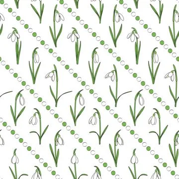 Colored seamless pattern with snowdrops, white and green beads. Stock Illustration
