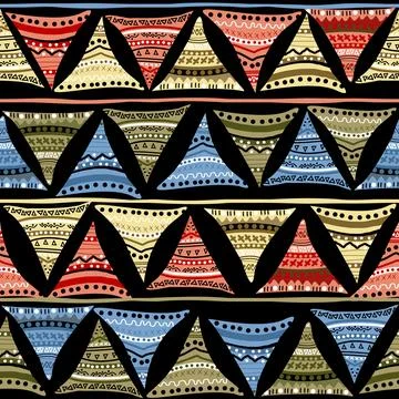 Colored seamless pattern with triangles in doodle style made of lines and dot Stock Illustration