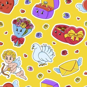 Colored seamless pattern. Valentine's Day. Cartoon style. Hand drawn. Vector  Stock Illustration