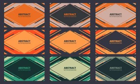 Colored set of 9 geometric abstract backgrounds with rhombus shapes and frames. Stock Illustration