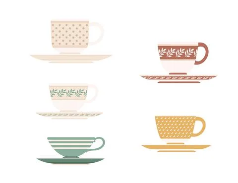 Colored set of ceramic tea cup on saucers with different patterns vector Stock Illustration