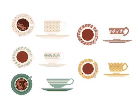Colored set of ceramic tea cup on saucers with different patterns top and side Stock Illustration