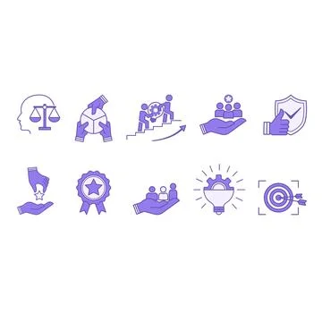 Colored Set of Core Values Icons. Vector Icons Commitment, Innovation, Cust.. Stock Illustration