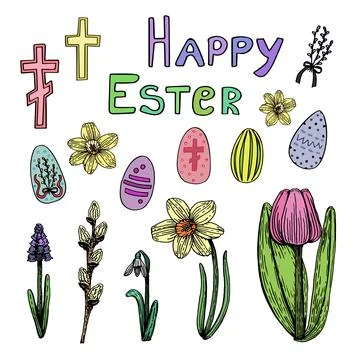 Colored set of doodle Easter decorations line art. Hand drawn vector illustra イラスト素材