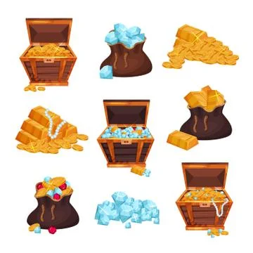 Colored set with full chests and bags of treasures, piles of golden bars, coins Stock Illustration
