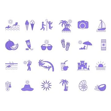 Colored Set of Summer Icons. Vector Icons of Beach, Sun, Beach Volleyball, .. Stock Illustration