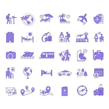 Colored Set of Travel Icons. Vector Icons of Vacation, Hotel, Tourism, Airp.. Stock Illustration