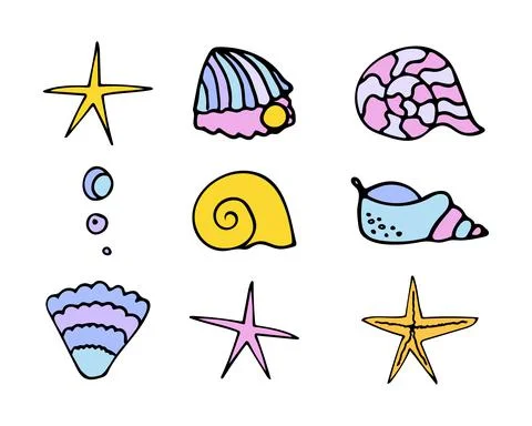 Colored set of vector illustrations of seashells, starfishes, pearls and air Stock Illustration