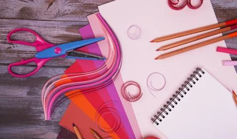 Colored sheets of paper, scissors and other tools for creativity Stock Photos