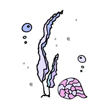Colored shell with air bubbles near the algae. Doodle style. Illustrazione stock
