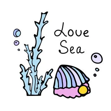 Colored shell with pearl with air bubbles near the algae. Doodle style with Illustrazione stock