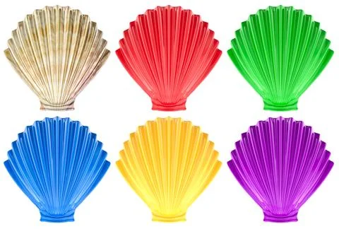 Colored Shells. Row from colored shells, top view. 3d rendering Illustrazione stock