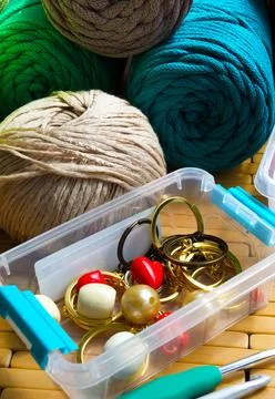 Colored skeins of thread for weaving macrame, knitting and crocheting. Stock Photos