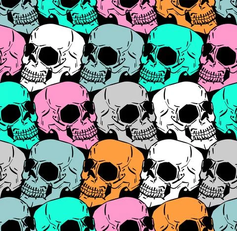 Colored Skull pattern seamless. Hand drawing Multicolored Skeleton head backg Stock Illustration