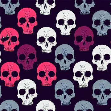 Colored skulls on dark background, seamless pattern. Stock Illustration