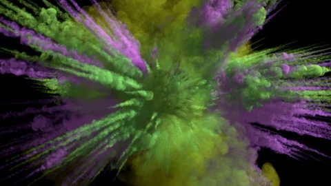 Colored smoky explosion, with trails, explodes towards the camera. Stock Footage 107552301