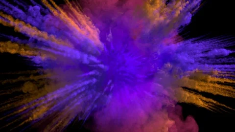 Colored smoky explosion, with trails, explodes towards the camera. Stock Footage 108038942