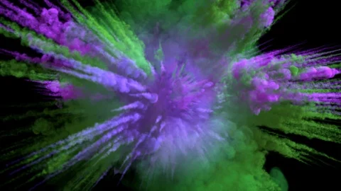 Colored smoky explosion, with trails, explodes towards the camera. Stock Footage 108504381