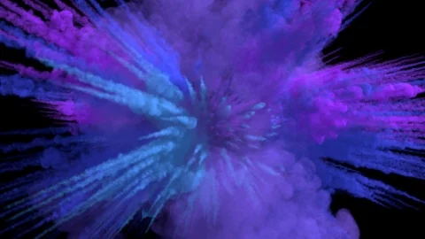 Colored smoky explosion, with trails, explodes towards the camera. Stock Footage 109561395