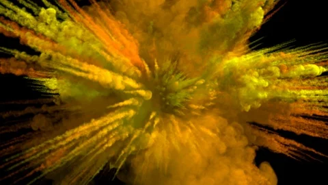 Colored smoky explosion, with trails, explodes towards the camera. Stock Footage 109604547