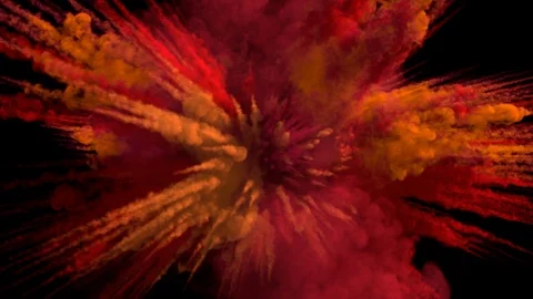 Colored smoky explosion, with trails, explodes towards the camera. Stock Footage 109769758