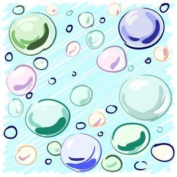 Colored soap bubbles hand-drawn on a blue background for your design. Stock Illustration