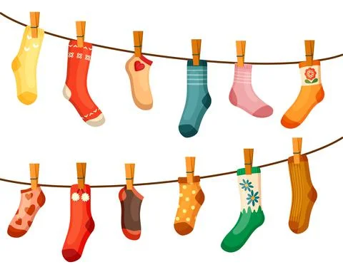 Colored socks drying rope illustration. Bright red textiles green drawing hang Stock Illustration