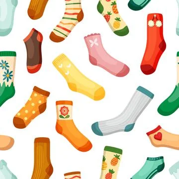Colored socks seamless pattern. Stylish woolen with white stripes red pineapple Stock-Illustration