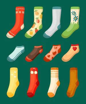 Colored socks set. Bright woolen with red pineapple hearts drawing warm white Stock Illustration