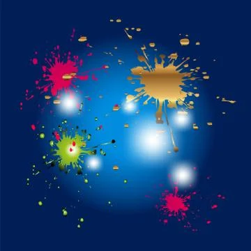 Colored splashes in abstract shape, isolated on blue background Stock Illustration