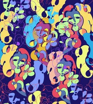 Colored spotted seamless pattern with surreal face pretty woman with flower. Illustrazione stock