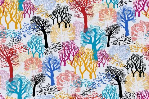 Colored spring summer landscape with trees on white background. Stock Illustration