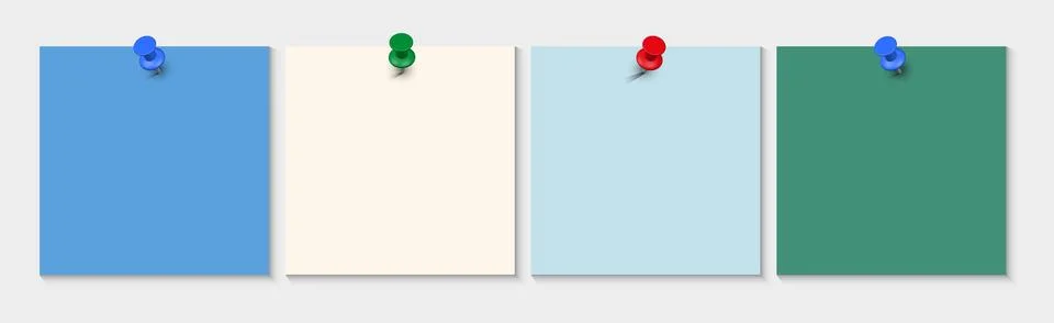 Colored sticky note paper with a push pin. Blank paper sheets for notes Stock Illustration