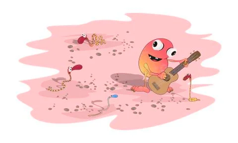 A colored strange toad plays on a ukulele in the desert among snakes. Sketch  Stock Illustration