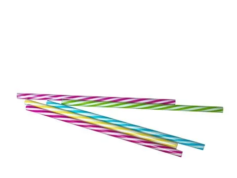 Colored striped plastic drinking straws, white background Stock Photos