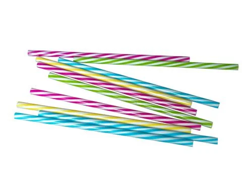Colored striped plastic drinking straws, white background Stock Photos