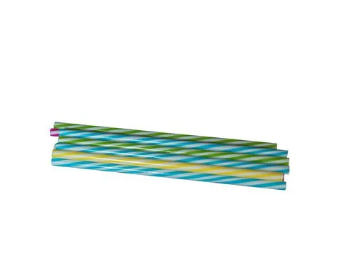 Colored striped plastic drinking straws, white background Stock Photos