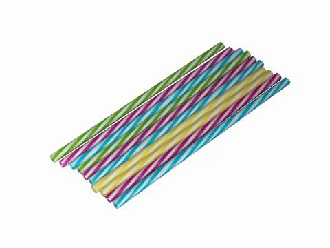 Colored striped plastic drinking straws, white background Stock Photos