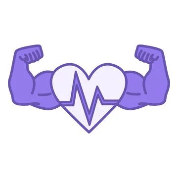 Colored Strong Icon. Vector Drawing. Arms with Biceps and Heart with Pulse... Stock Illustration