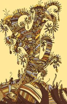 Colored surreal decorative tree with ethnic ornaments, doodle st Stock Illustration