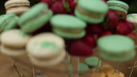 Colored sweet macarons cakes at an event. Stock Footage 175916804