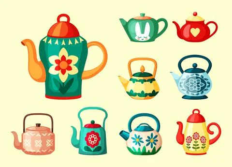 Colored teapots with drawings set. Bright green vessel with red vintage flower Stock Illustration