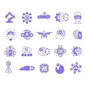 Colored Technology Icons. Vector Icons of Geolocation, Virtual Reality, Blo.. Stock Illustration