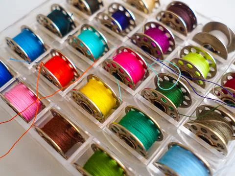 Colored threads, sewing accessories Stock Photos