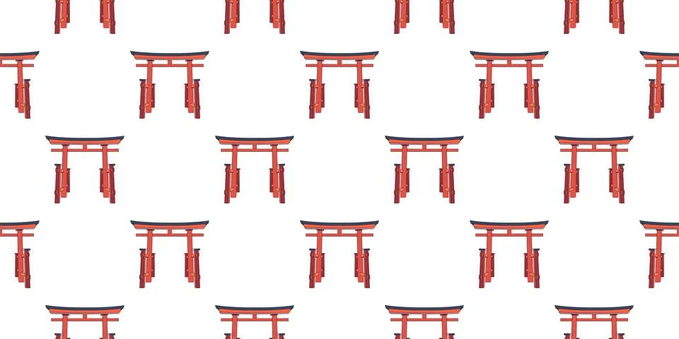 Colored torii pattern. Traditional red temple gate Japan. Seamless print of Illustrazione stock