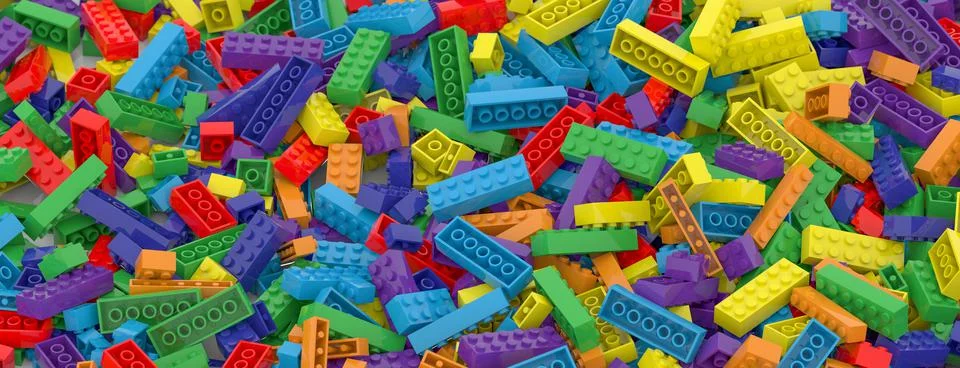 Colored toy bricks background. Rainbow colors. Random coloured plastic Stock Illustration