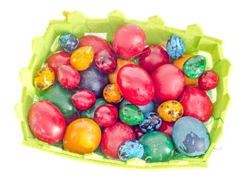 Colored traditional Easter eggs, chicken and quails, basket, close up, isolat Stock Photos