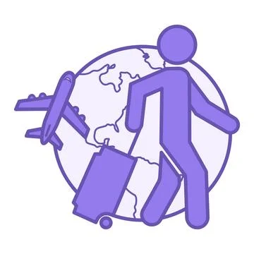 Colored Traveling Icon. Vector Icon of Tourist with Suitcase, Globe, and Fl.. Stock Illustration