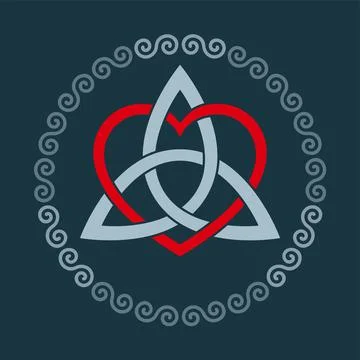 Colored triquetra with heart symbol, triangular Celtic knot in spiral frame Illustrazione stock