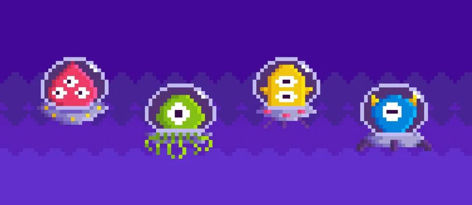 Colored UFO as elements of gameplay about space. Aliens in transparent saucers Stock Illustration